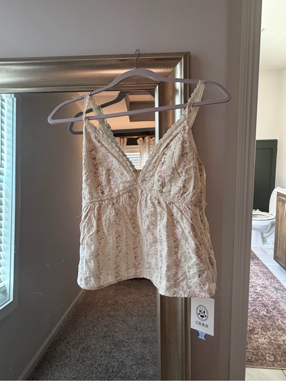 Cider Cream Cami with Pink Floral Lace Trim